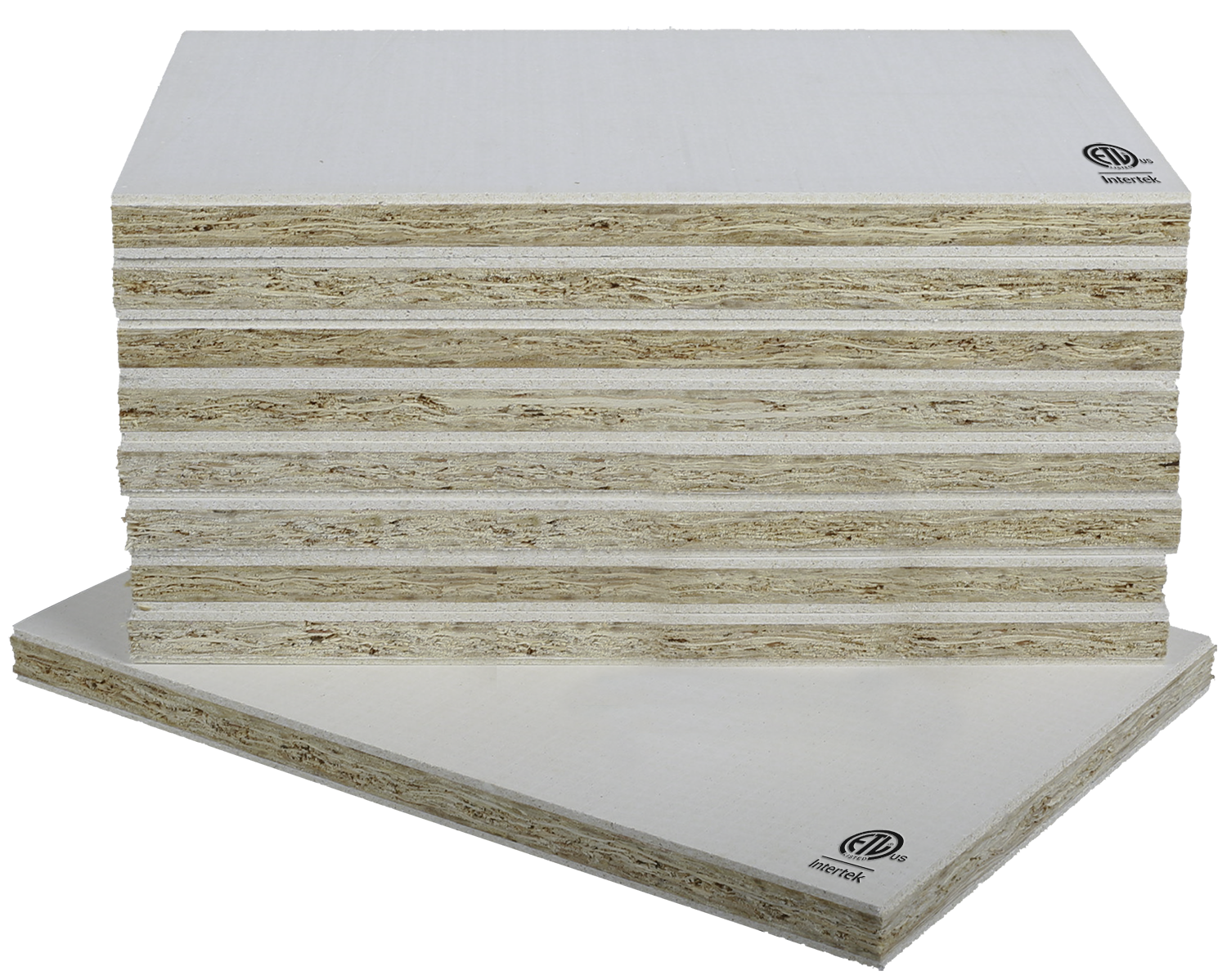 Stacked sheets of particle board or drywall with a white surface, labeled 'Intertek' and 'ETL'.