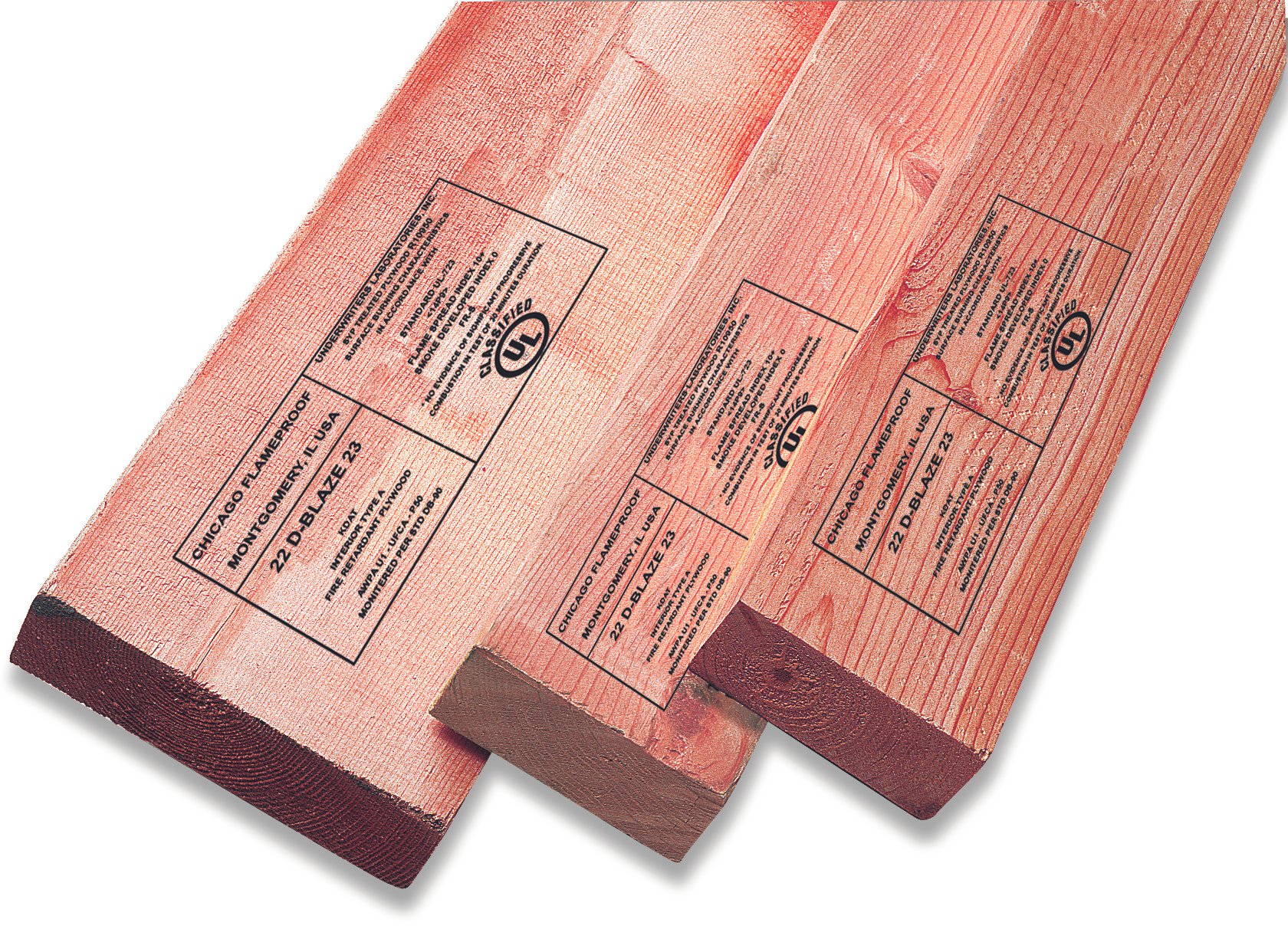 Three wooden planks with black printed labels indicating they are fire-rated and certified to meet safety standards.