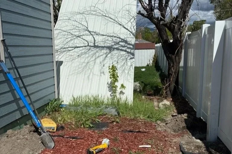 A small garden area with a tree, a white fence on the right, a white wall with shadows of branches on the left, and gardening tools on the ground.