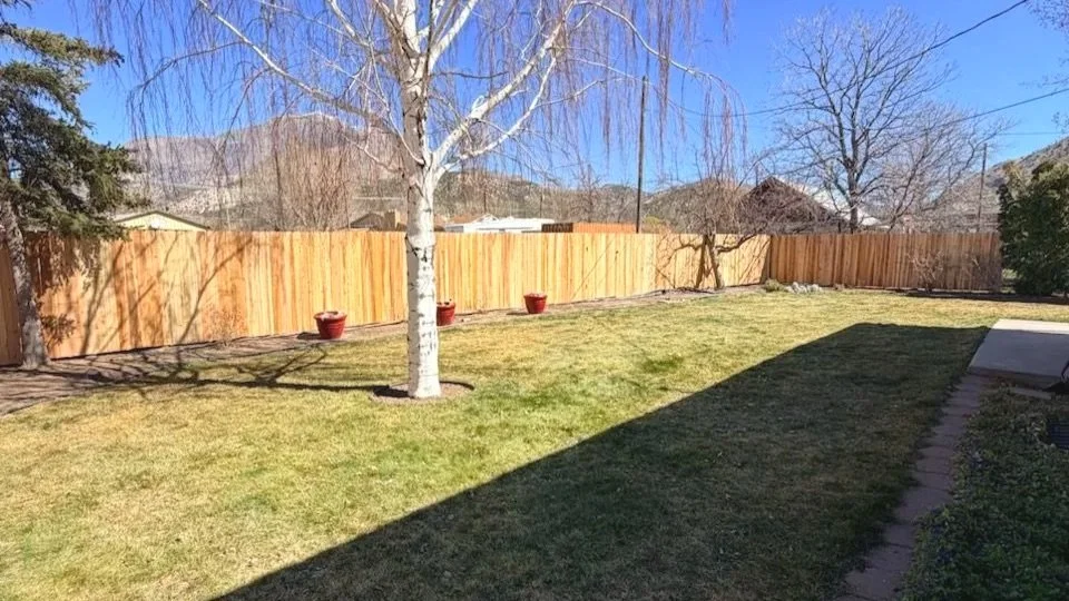 After Picture: A backyard with a new, vibrant wooden fence, a tree, and a shadow cast on the grass.