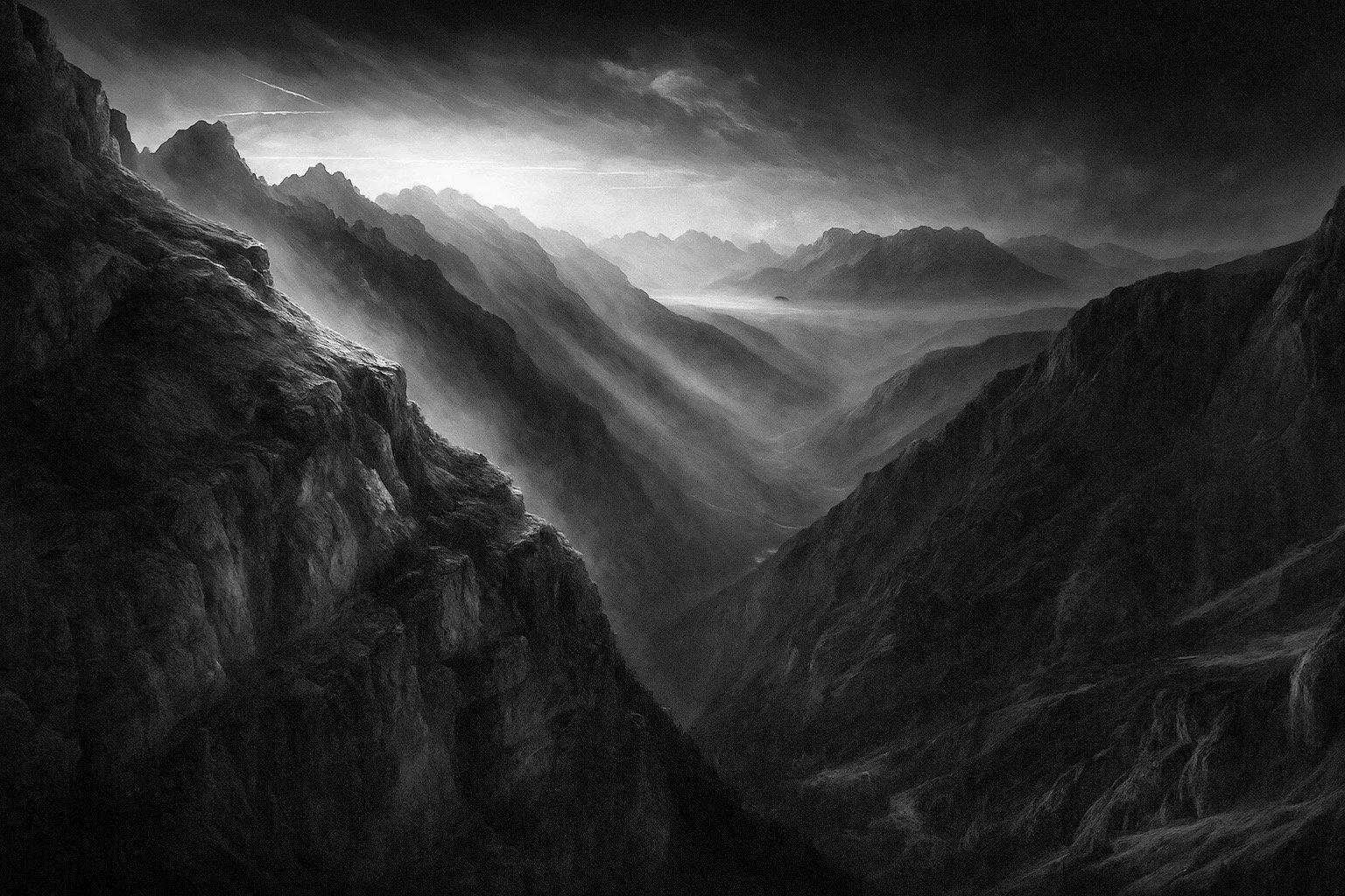 Schwarze und weiße Aufnahme eines tiefen Tals zwischen hohen Bergen mit  Nebel in der Ferne.