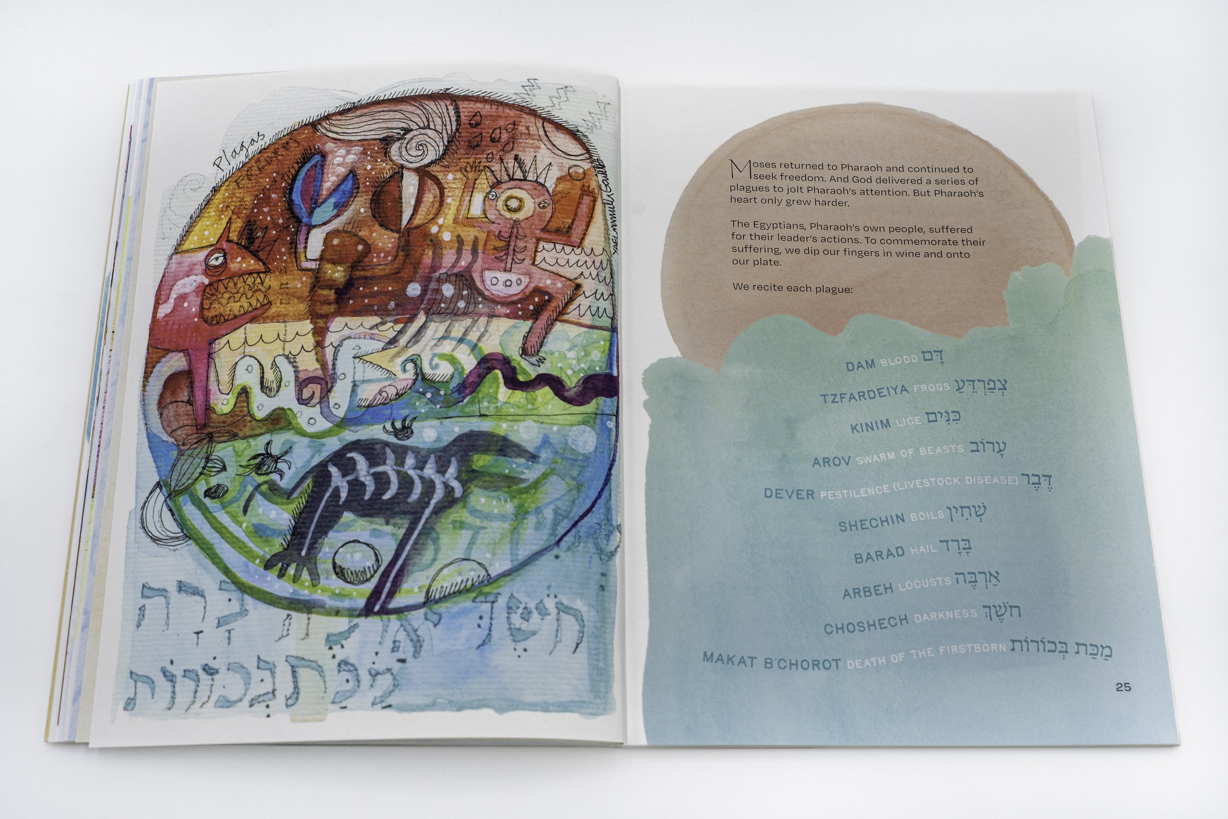 This is vivid contemporary and original artwork of the 10 plagues during the Exodus. It's part of a new concise, modern and engaging Haggadah.  