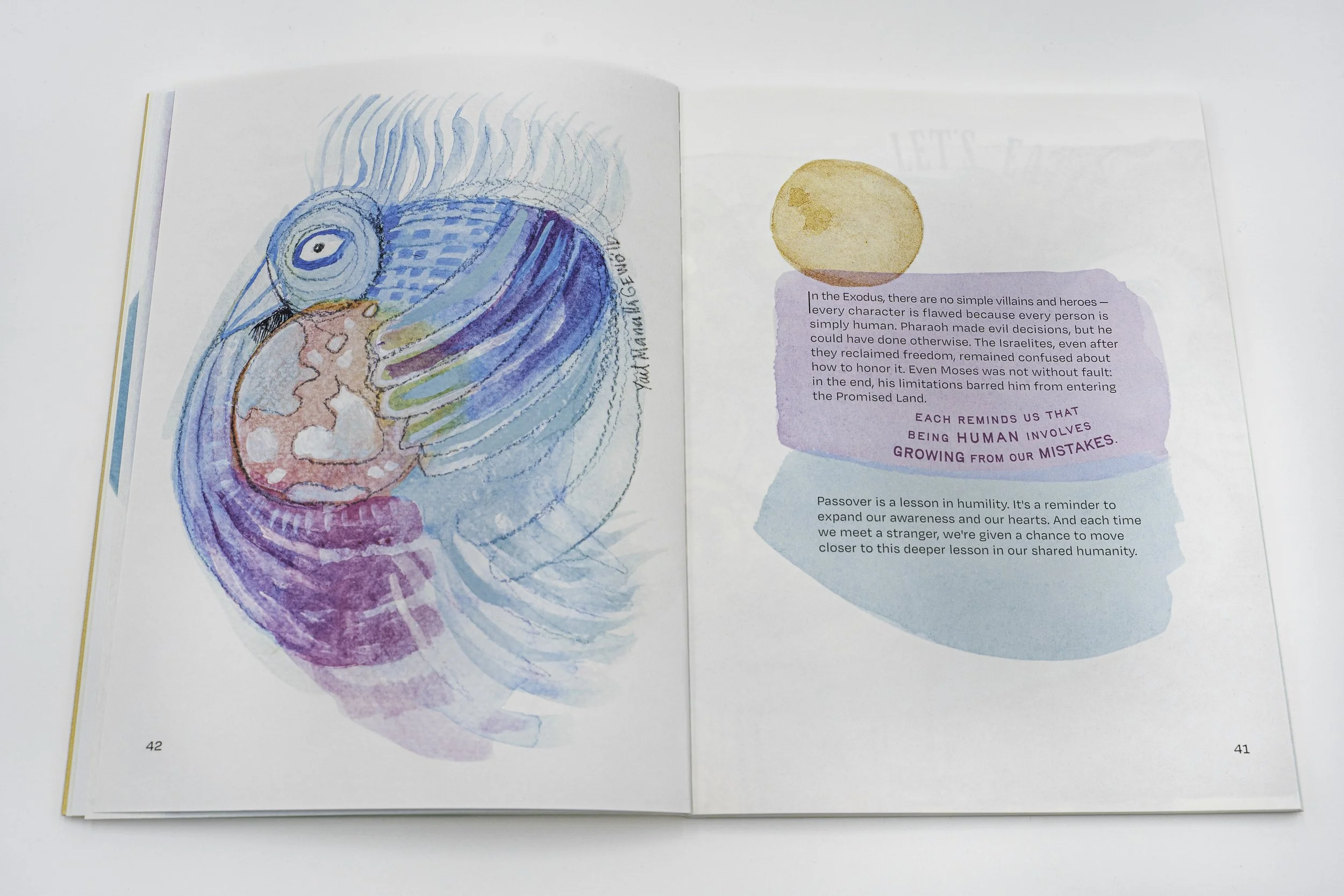 Colorful watercolor illustration of a bird holding an egg in its beak, with soft pastel hues and flowing lines. It's illustrating peace, coexistence, and humility inspired from the Jewish Passover seder 