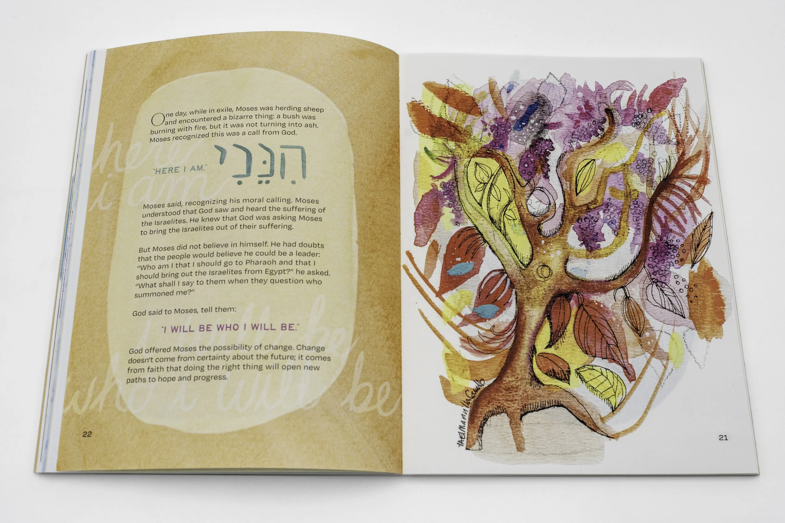 An open colorful illustrated book showing a story about Moses on the left page and a vibrant watercolor drawing of burning bush during Exodus with leaves and flowers on the right page.