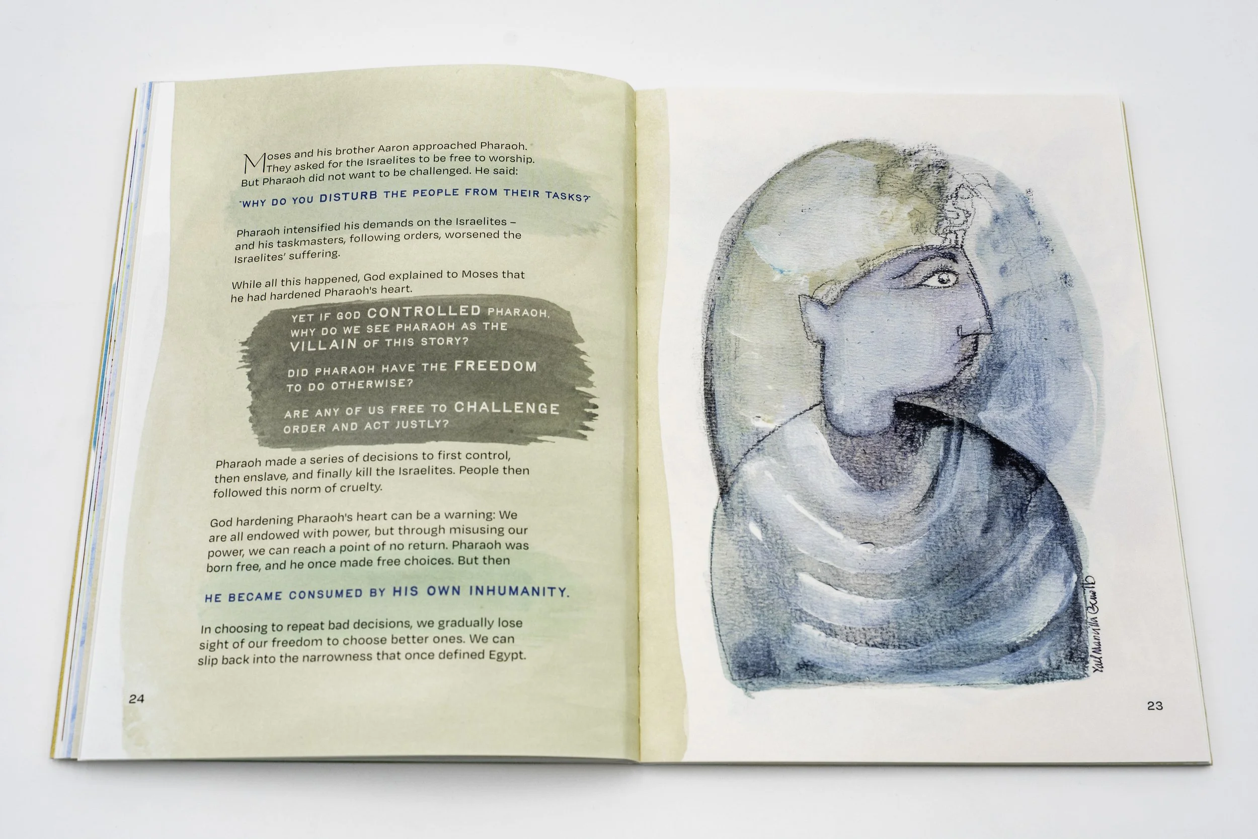 Open book showing text on left page and a watercolor portrait of Pharaoh who has lost his moral conscience on right page. It's part of the new Haggadah