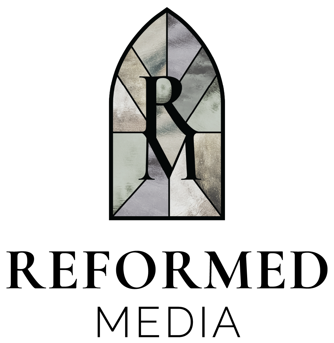 Stained glass window with the initials R and M overlapped, set against a black background.
