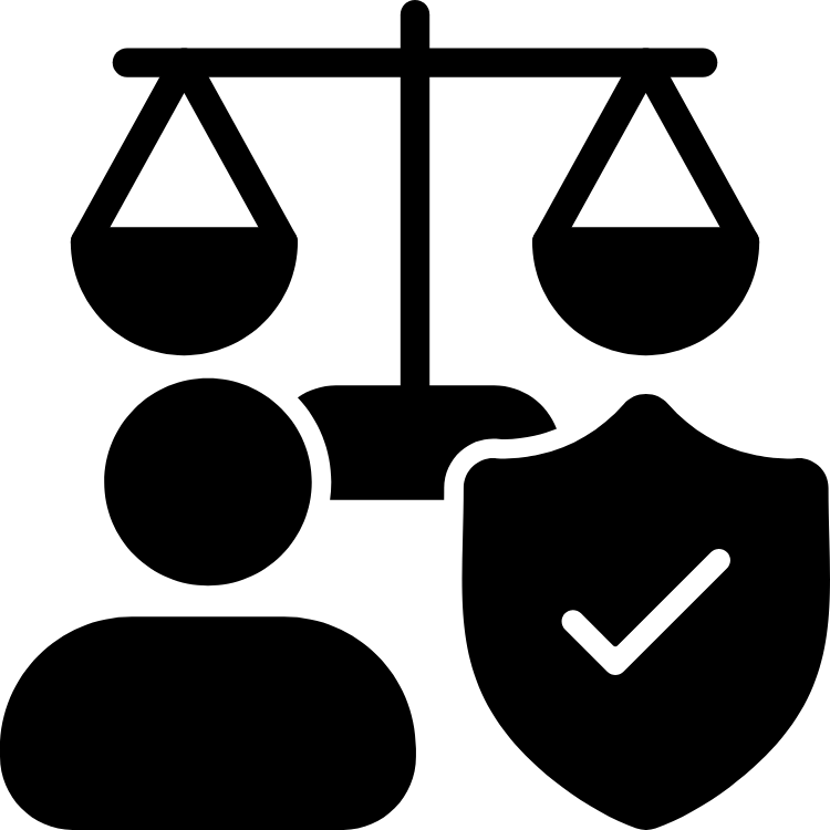 Icon representing integrity and ethics: a scale symbolizing balance and fairness, a person symbol for accountability, and a shield with a check mark denoting trust and security.