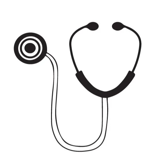 A black and white illustration of a stethoscope connected to a target symbol.