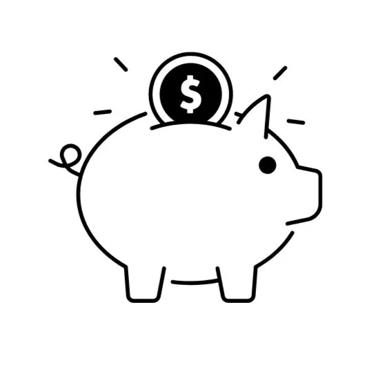 Line drawing of a piggy bank with a coin featuring a dollar sign going into it.
