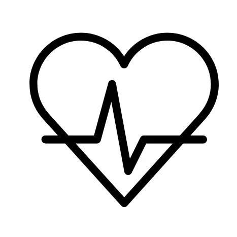 A black line drawing of a heart with an electrocardiogram line running through it.