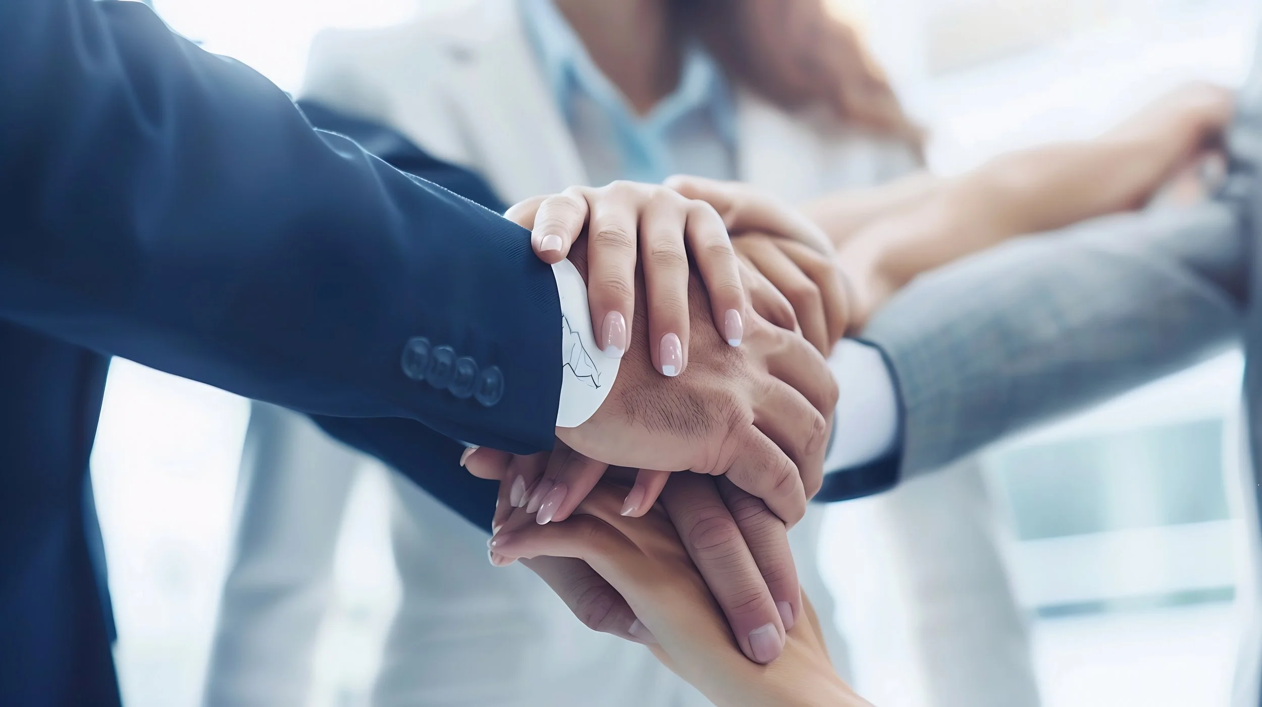 Businesspeople in formal attire stacking hands together in a gesture of teamwork or collaboration.