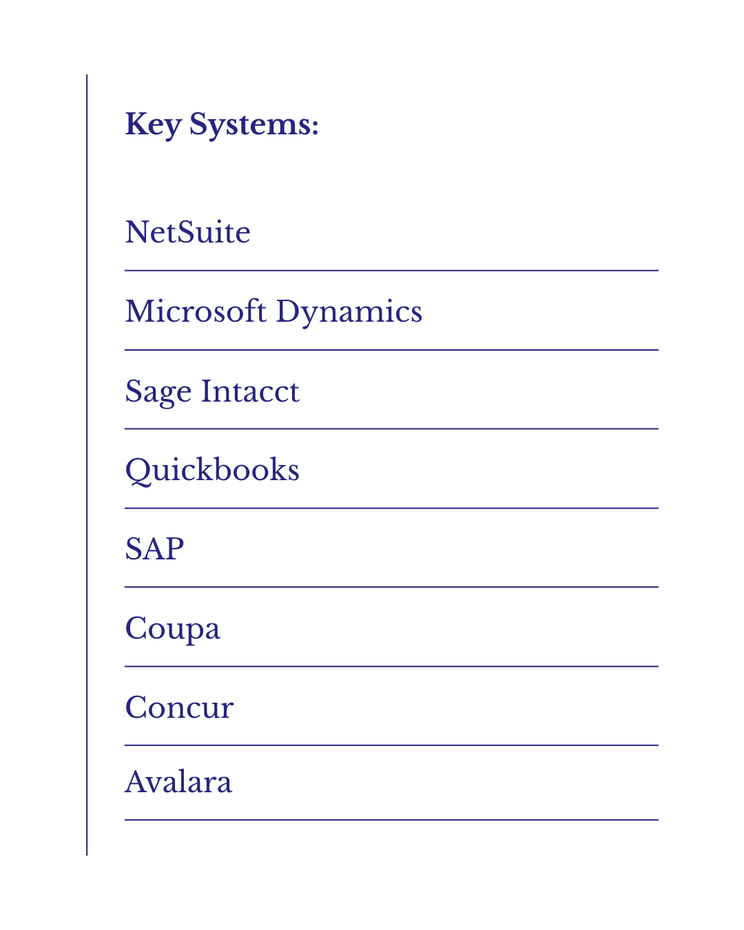 A list titled 'Key Systems' with names of software systems such as NetSuite, Microsoft Dynamics, Sage Intacct, QuickBooks, SAP, Coupa, Concur, and Avalara, each separated by horizontal lines, on a white background with blue text.