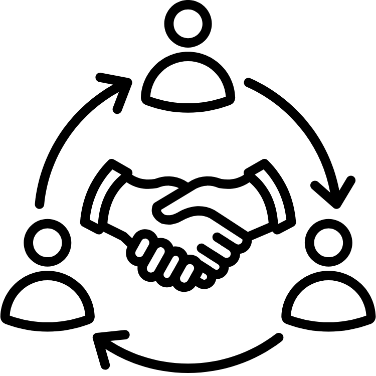Collaboration icon showing three people connected in a circular flow with handshake in the center, representing teamwork and partnership.