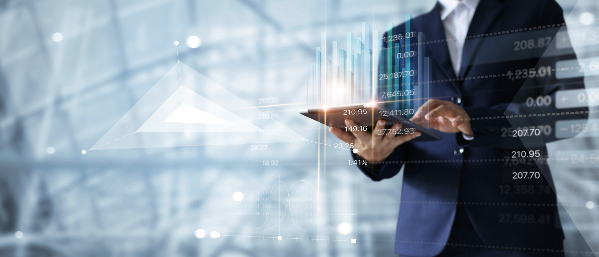 A person in a suit holding a tablet with digital financial data, graphs, and 3D bar charts overlaid, indicating stock or market analysis.