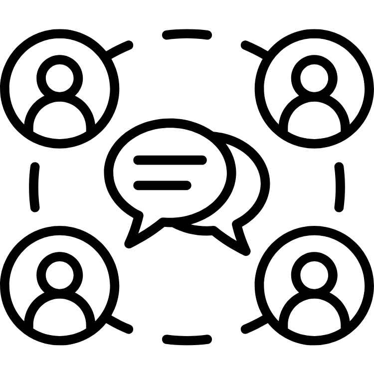 Icon of four people in a circle with speech bubbles in the center, representing open communication and transparency in a team or organization.