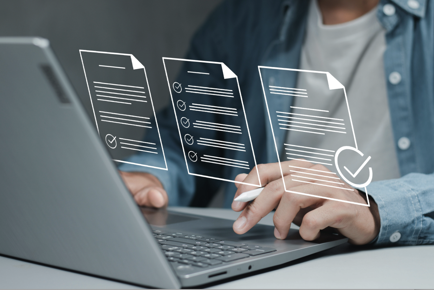 Person using a laptop with digital illustrations of documents and checkmarks floating above.