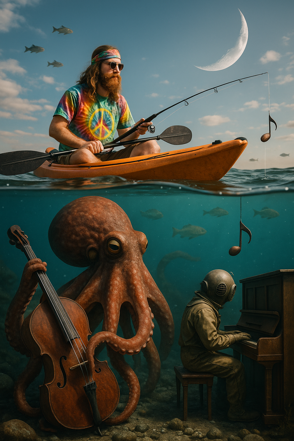 A man in a tie-dye shirt and sunglasses in a kayak, fishing with a musical note as the lure; there is an underwater scene with an octopus playing a piano, holding a violin, and surrounded by fish, with a moon in the sky.