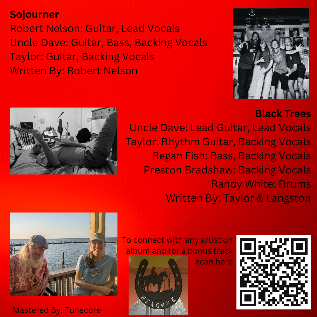 An album cover with red background featuring black text and three black-and-white and color photographs of band members and related scenes. The track titles and band members' roles are listed, along with a QR code for connecting with the band and a logo at the bottom.