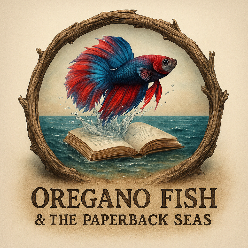 A colorful betta fish leaping out of an open book with water splashing around it, framed by a circular wooden border. Text reads "Oregano Fish & The Paperback Seas."