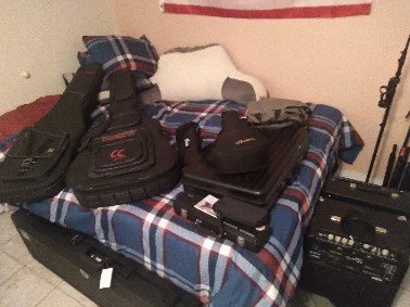 Many instruments laid out getting ready to record.