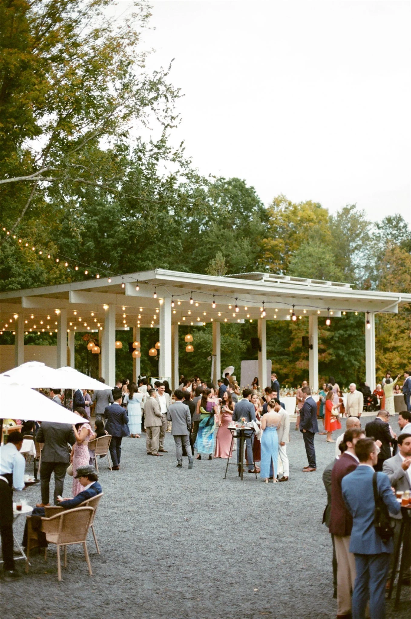 Many people dressed in formal attire are gathered outdoors in a garden setting, socializing at a wedding reception. There are trees in the background, string lights hanging overhead, and a covered pavilion where some guests are seated. Some guests ar