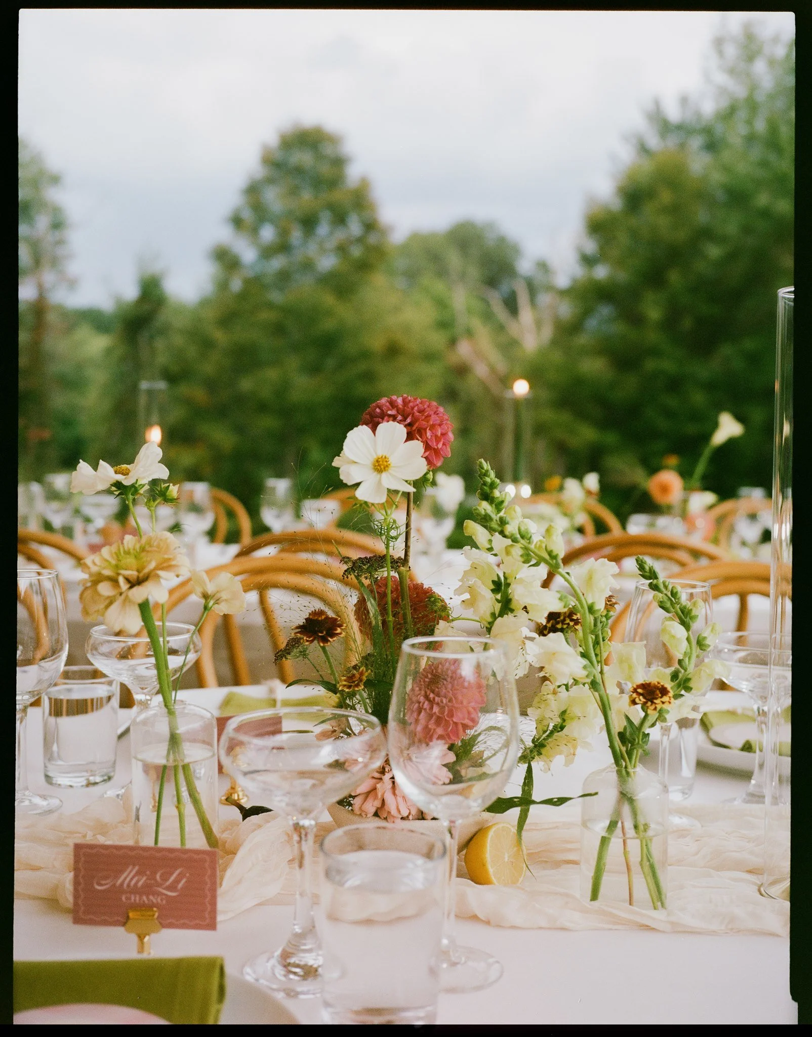 Table decorated with various flowers in vases, glasses of water, and lemon slices, set for an outdoor event with trees and sky in the background.