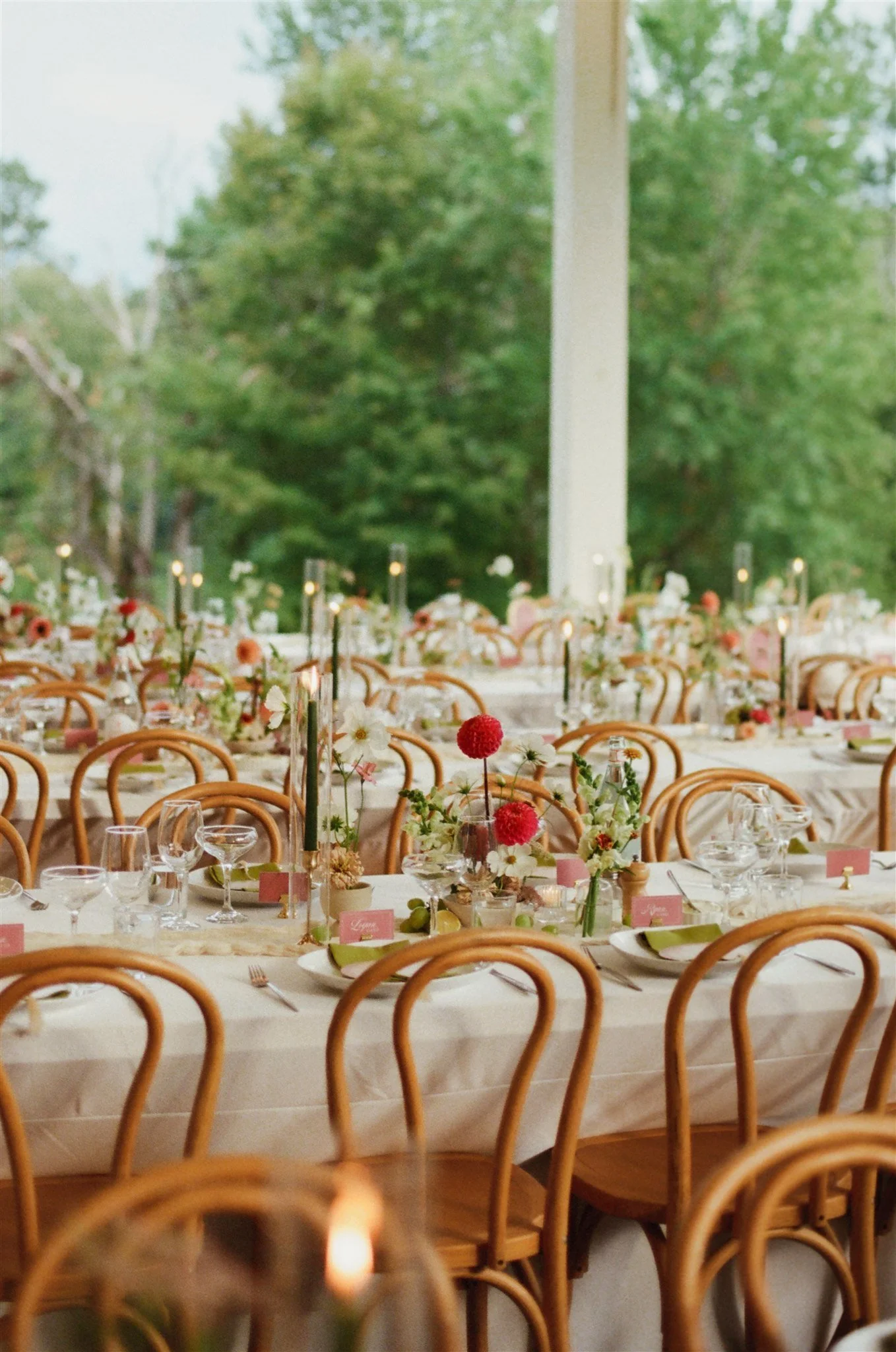 A banquet table set for a celebration with flowers, candles, and place cards, outdoors with green trees in the background.