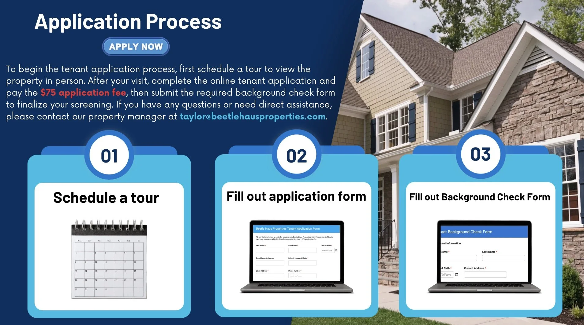Infographic detailing the application process for renting a property, including scheduling a tour, filling out an application form, and submitting a background check form, with a background image of a house.