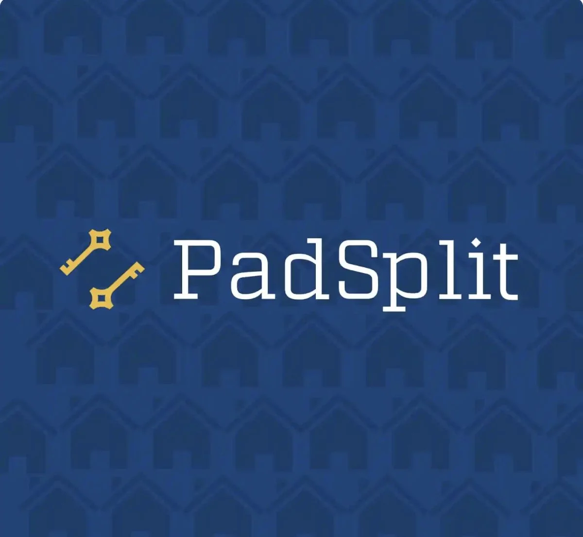 Logo with the text 'PadSplit' and two yellow wrenches crossed on a blue patterned background.