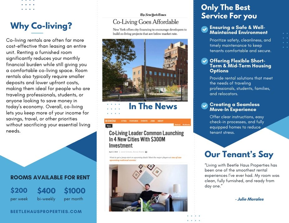 Brochure about co-living rentals highlighting affordability, flexible housing options, and positive tenant reviews, featuring an apartment building, a person relaxing, and a news clipping about co-living expansion.