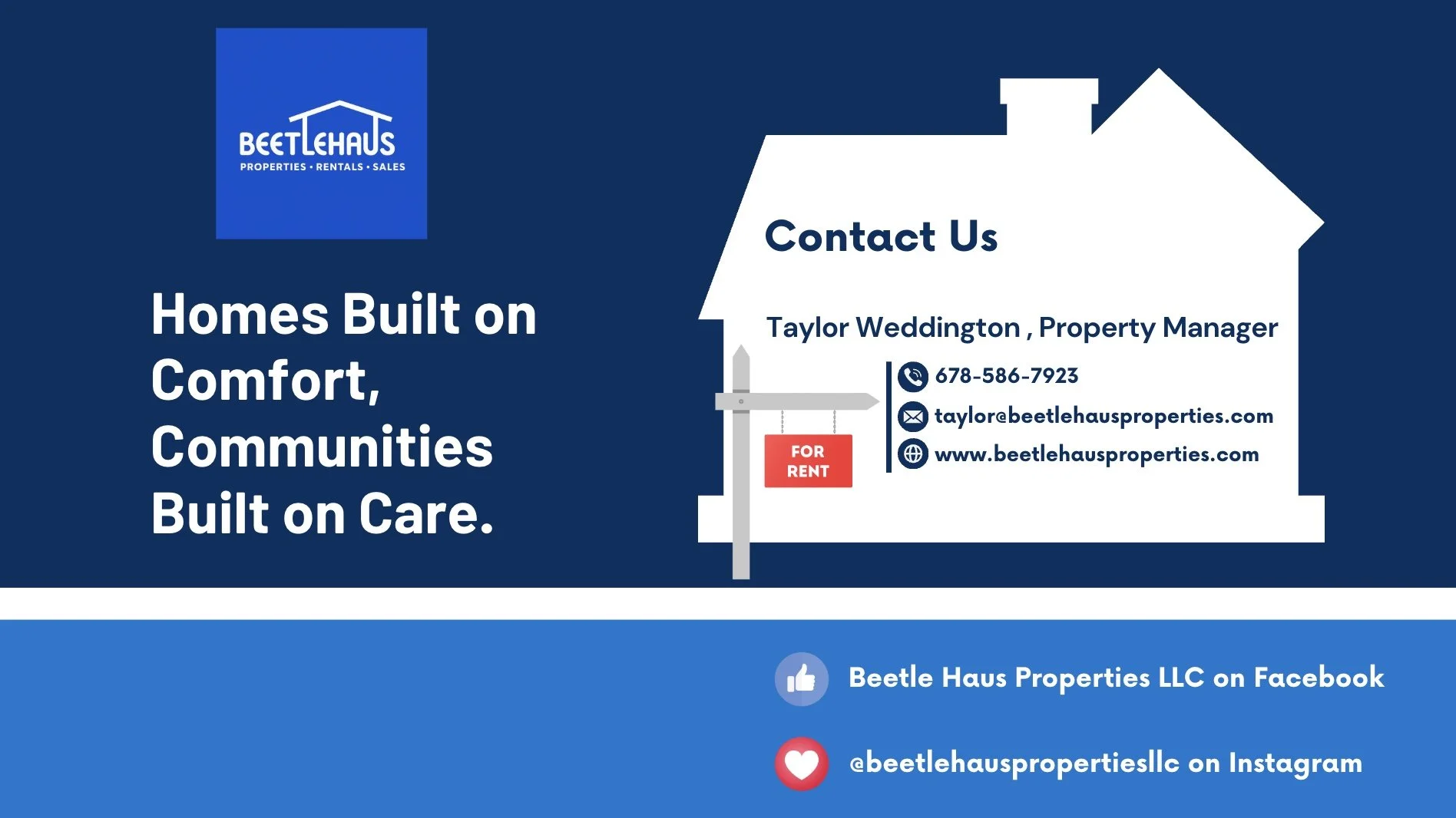 Real estate advertisement for Beetle Haus Properties featuring a house shape with contact information, logo, and social media icons, including a 'For Rent' sign hanging from a pole. The background is blue with white text and accents.