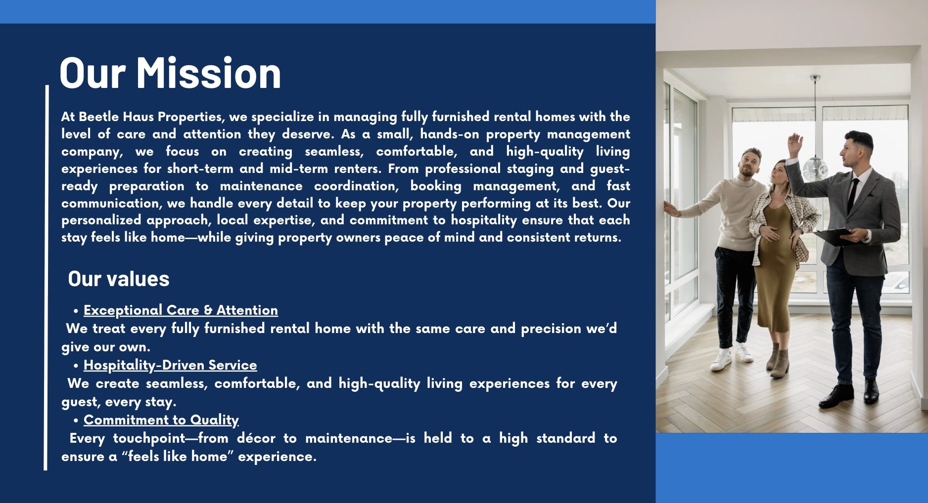 Office interior with three people, two men and one woman, in discussion near large windows, with a blue corporate presentation slide on the wall describing the company's mission and values.