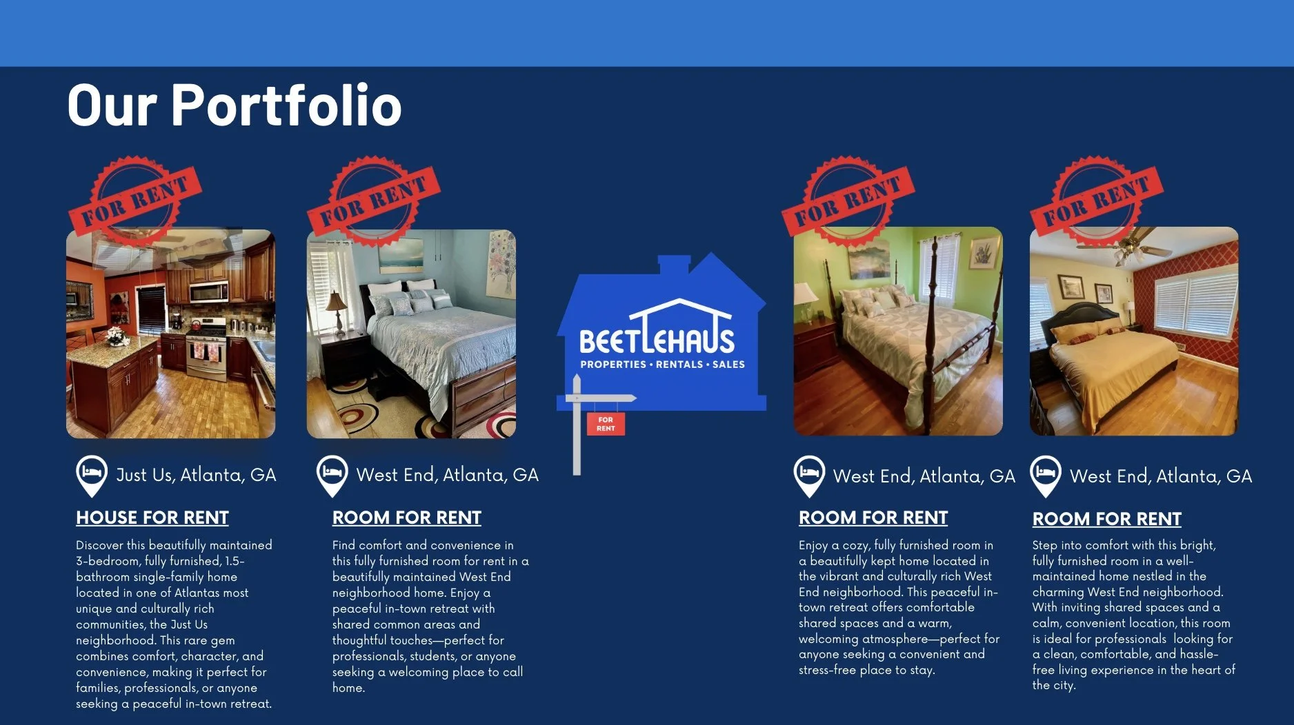 A digital advertisement for Beechleaves Properties showcasing four rental properties in Atlanta, Georgia, with photos marked for rent and descriptions for each property.