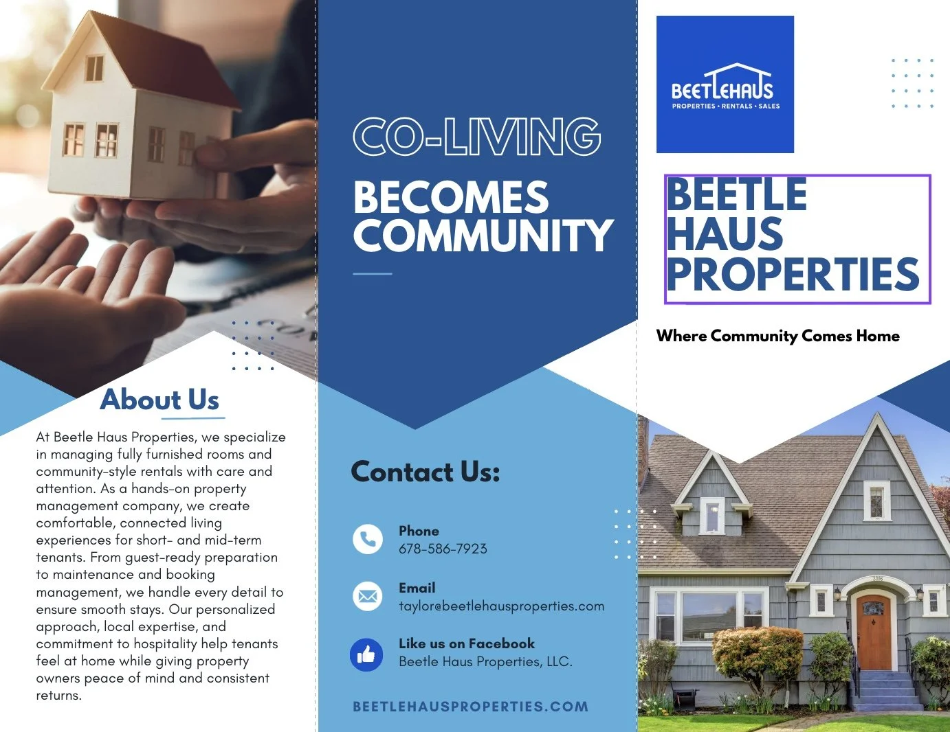 A flyer for Beetle Haus Properties featuring a house with a blue exterior, text about co-living, community, and property management, contact information, and an image of a person handing over a small model house.