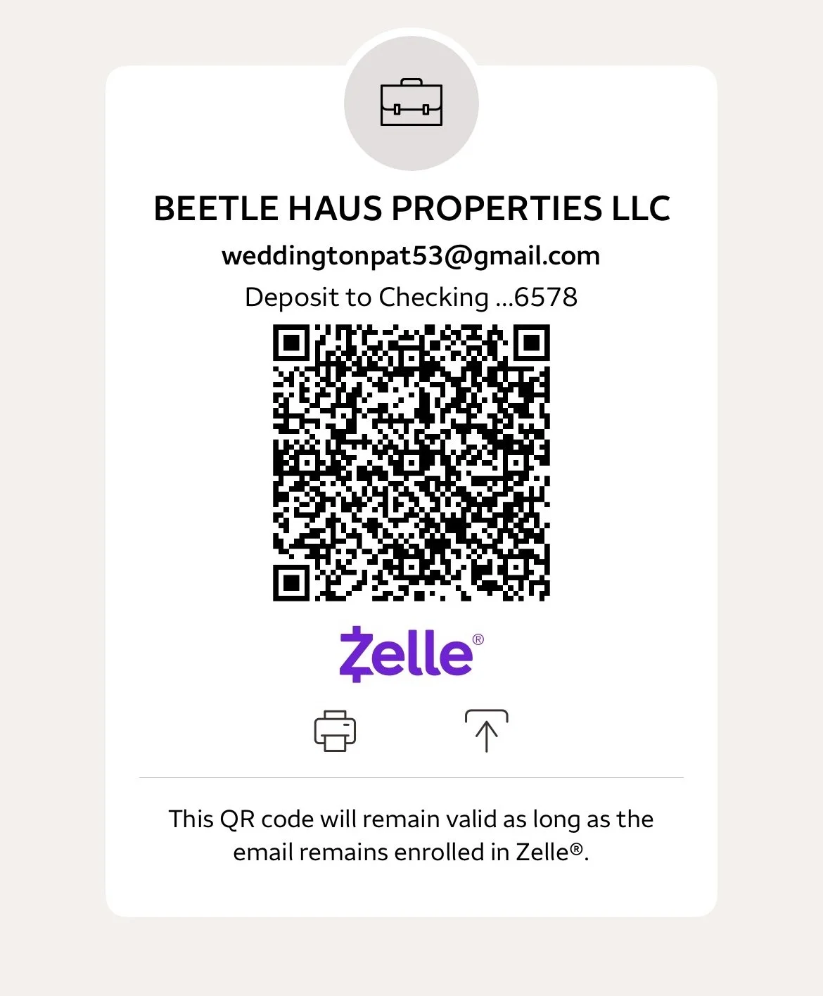 A QR code for Zelle attached to the bank account of Beetle Haus Properties LLC, with email, account info, and a note about validity.