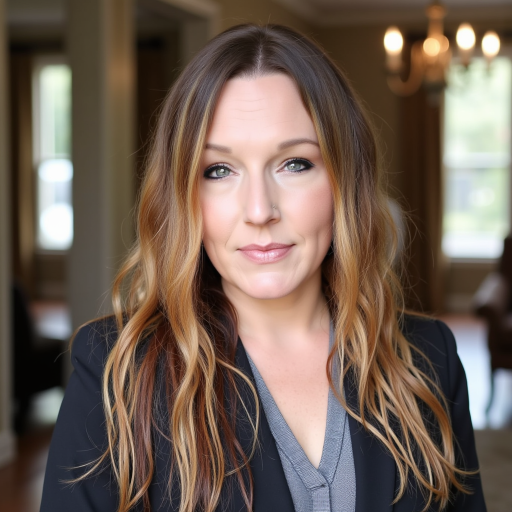 A woman with long, wavy, light brown hair and blue eyes, wearing a black blazer and gray top, standing indoors with warm lighting and windows in the background.