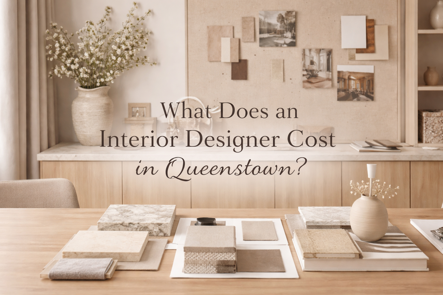 Elegant interior design studio workspace with neutral material samples and styling boards, used to illustrate what an interior designer costs in Queenstown, New Zealand. Nova Design Studio.