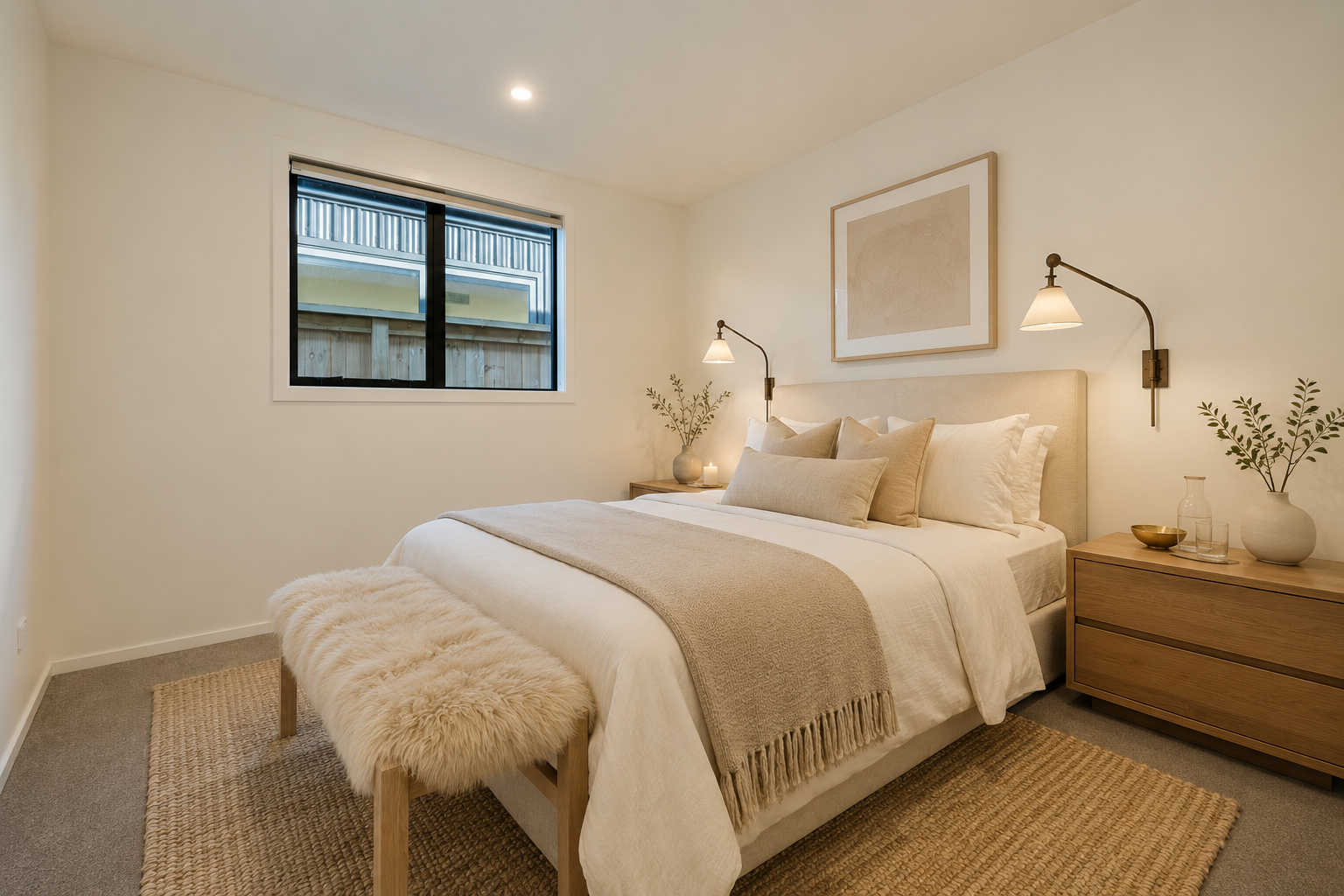 Contemporary bedroom designed by Nova Design Studio featuring a warm neutral colour palette, premium finishes, and a calm, inviting space within this Queenstown new build.