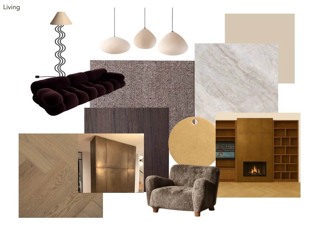 preview of the living room palette for one of our 2026 residential builds 🤎✨ Warm whites, natural stone, linen, timber, and brass working together to create a delicious space 🕯️🏡