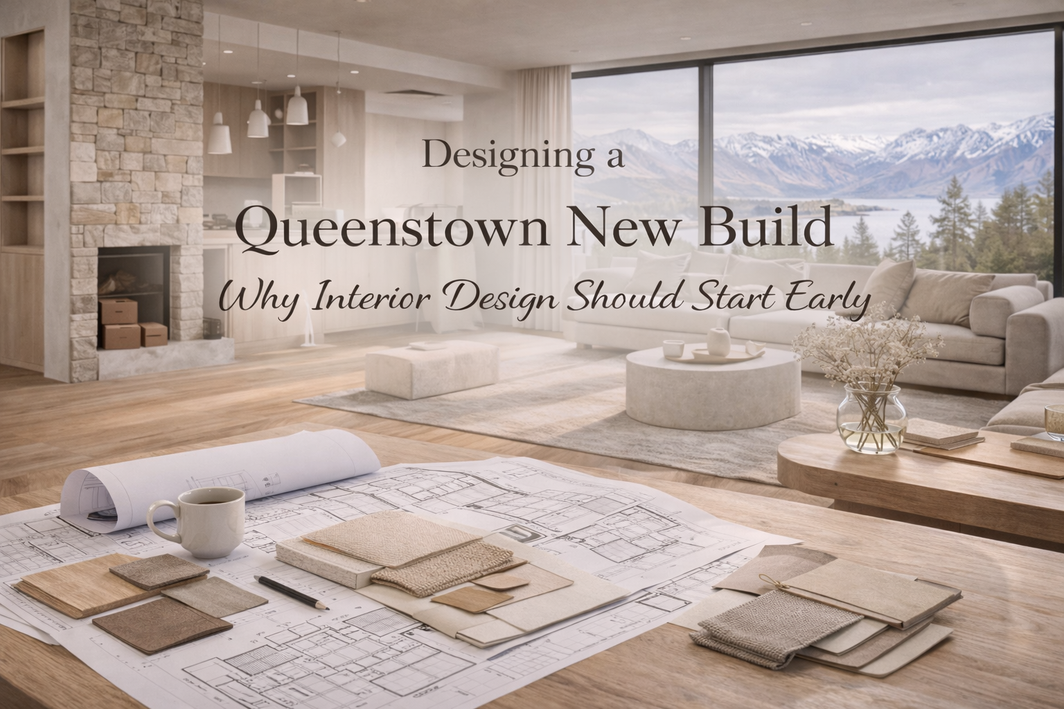 Open plan alpine style living room in Queenstown, New Zealand with architectural floor plans and interior design material samples laid out during a new build planning process.