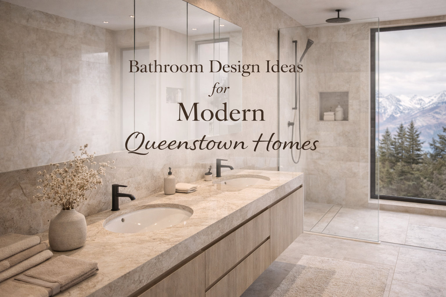 Modern neutral bathroom interior with double vanity, black tapware, travertine style tiles, and mountain views in a Queenstown, New Zealand home.