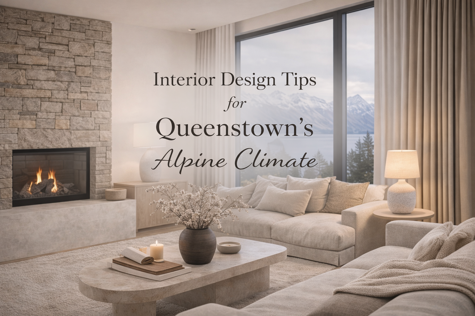Warm neutral alpine living room interior with stone fireplace, soft furnishings, and mountain views in Queenstown, New Zealand.