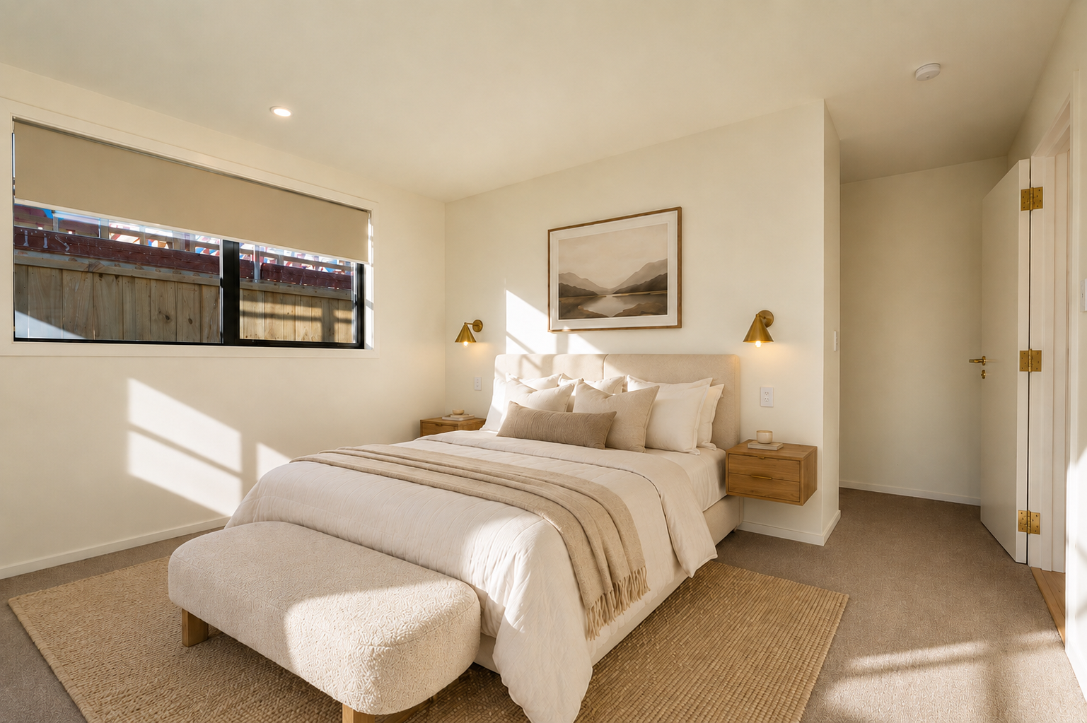 Contemporary master bedroom designed by Nova Design Studio featuring a warm neutral palette, premium finishes, and a calm, inviting atmosphere in this Queenstown new build.