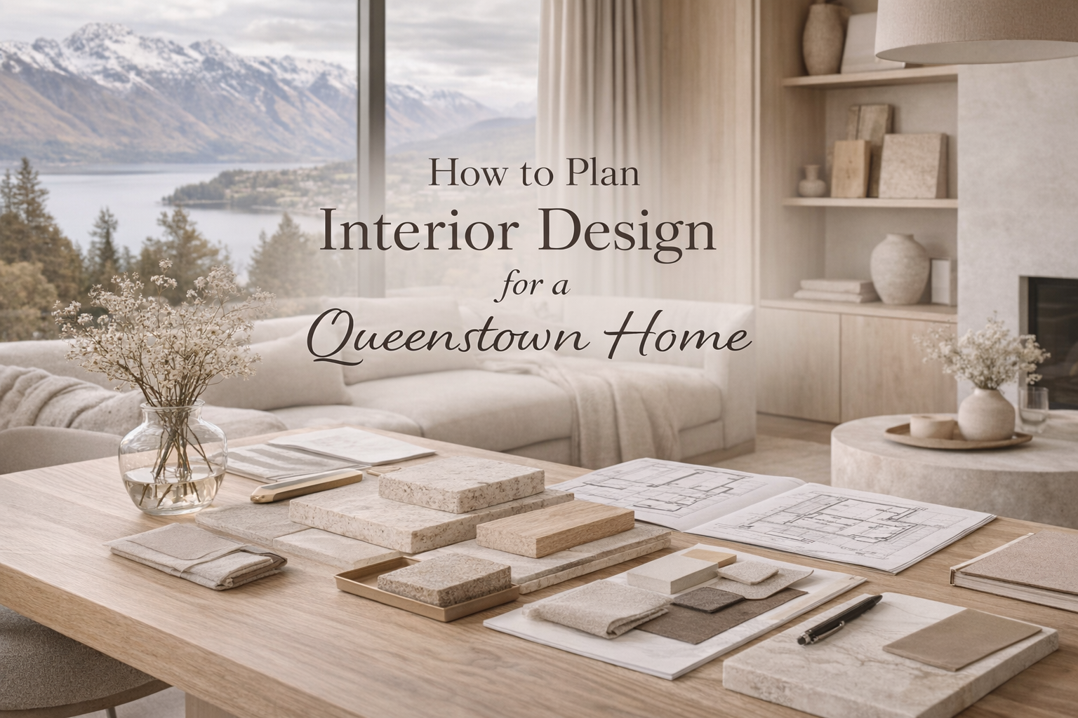 Interior design studio layout with natural stone and fabric samples on a table in a modern Queenstown home overlooking the mountains in New Zealand.