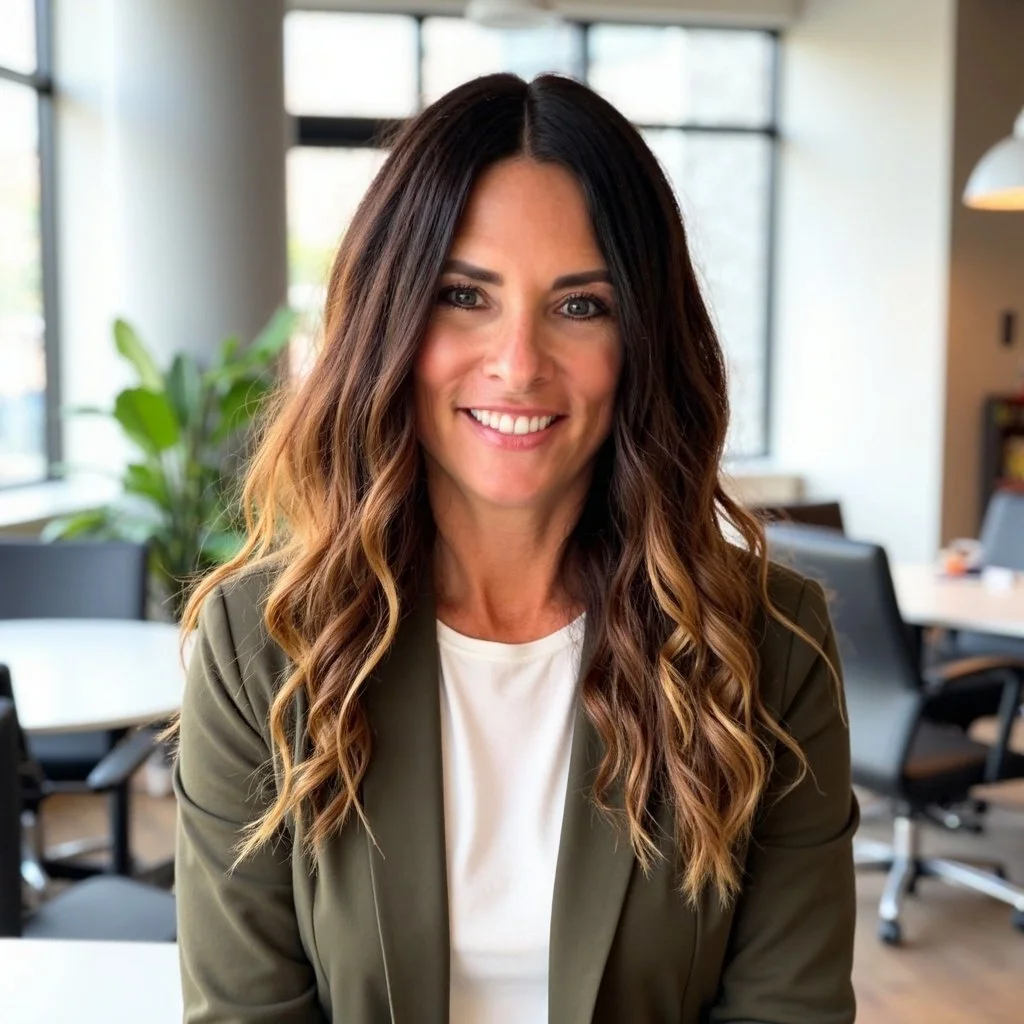 A smiling woman with wavy brown hair, wearing a green blazer and white shirt, sitting in a modern office with large windows and plants in the background. Doing a speaking engagement on nervous system literary for future leaders in the corporate world