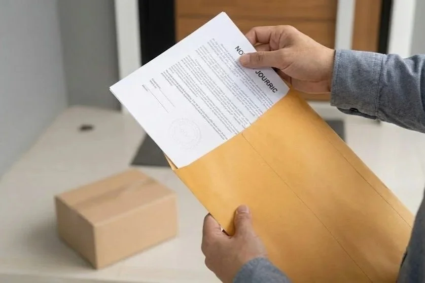 Hands pulling a completed, notarized document with a visible embossed seal out of a manila delivery envelope, with a cardboard shipping box in the background.