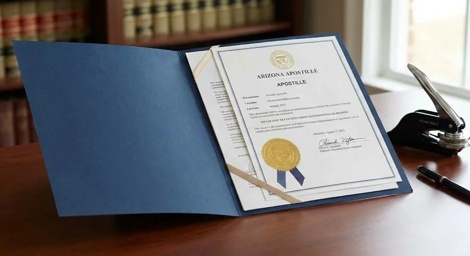 Official Arizona Secretary of State Apostille certificate and legal documents with gold seal, processed in Phoenix and Scottsdale.