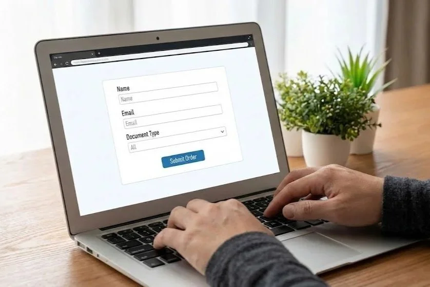 A person's hands typing on a laptop keyboard, filling out an online order form for notary services with fields for name, email, and document type.