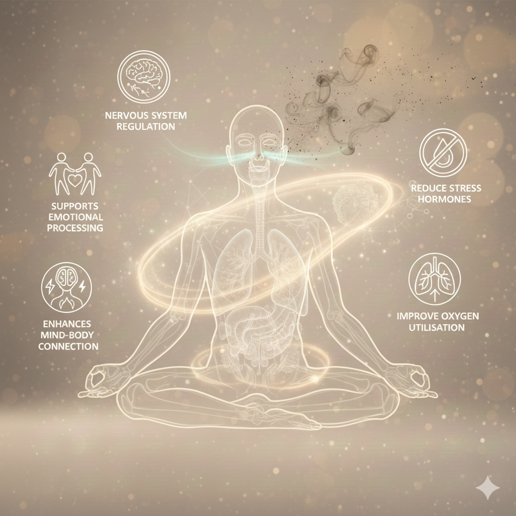 An illustration of a person meditating in a cross-legged position with a semi-transparent body showing internal organs. Surrounding the person are icons and text highlighting benefits such as nervous system regulation, supporting emotional processing, enhancing mind-body connection, reducing stress hormones, and improving oxygen utilization. The background is a soft, glowing, speckled pattern.