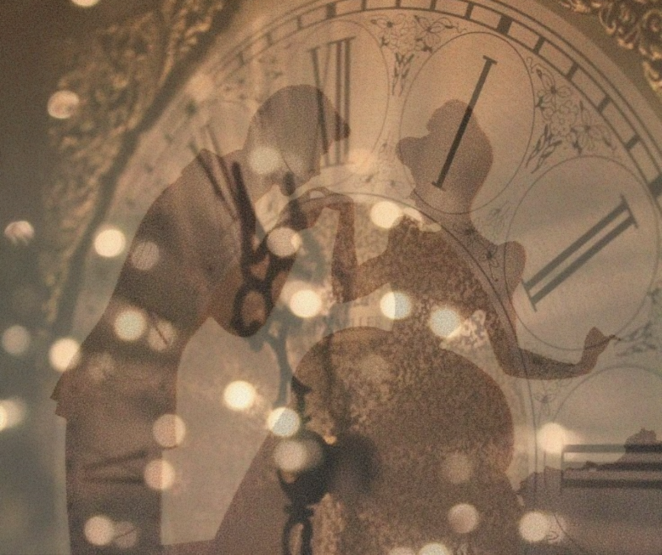 Silhouetted man adjusting a large, vintage clock face with Roman numerals, with decorative details and reflections of lights.